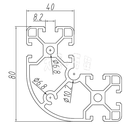 <a href=/oubiaolvxingcai/ target=_blank class=infotextkey>欧标</a>40-8080R<a href=/ target=_blank class=infotextkey><a href=/ target=_blank class=infotextkey>铝</a>型材</a> 圆弧形转角<a href=/ target=_blank class=infotextkey><a href=/ target=_blank class=infotextkey>铝</a>型材</a> 壁厚2 米重3.75